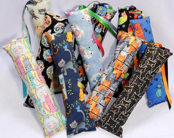 Medium Catnip Kicker Toy with Ribbons • 10” to 11” long • Cat Themed Cotton Fabrics