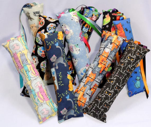 Medium Catnip Kicker Toy with Ribbons • 10” to 11” long • Cat Themed Cotton Fabrics