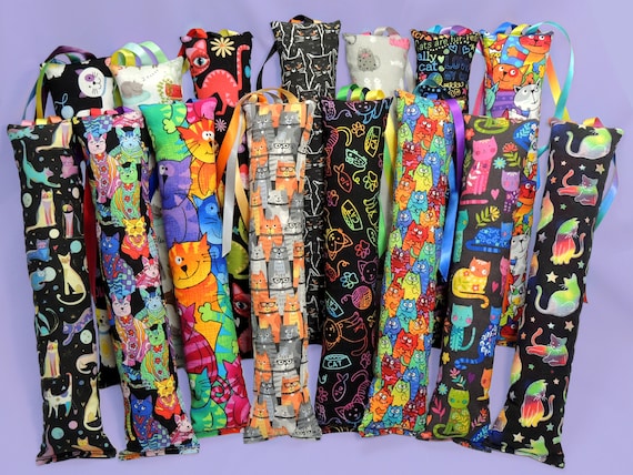 Large Catnip Kicker Toy with Ribbons • 12” to 13” long • Cat Themed Cotton Fabrics