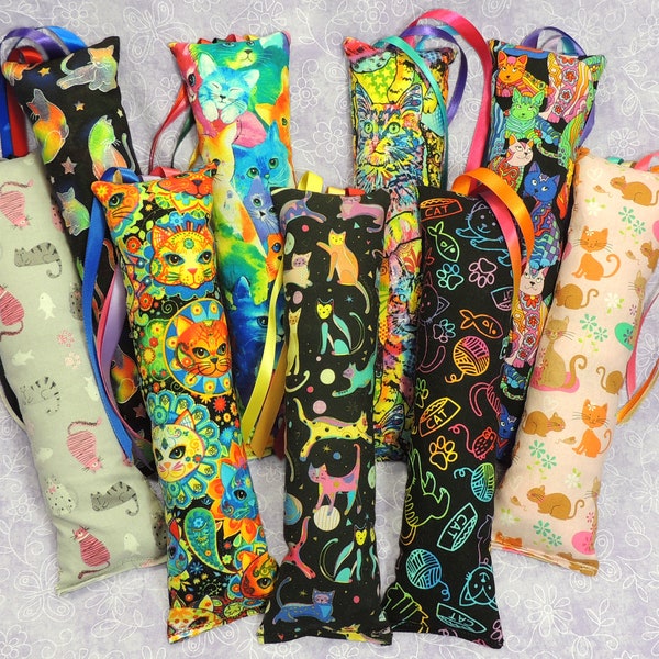 Medium Cat Kicker Toy with Ribbons. 10” to 11” long. Quality Catnip + Silver Vine. 15+ Patterns Cat Themed Cotton Fabrics. Restocked 11/12