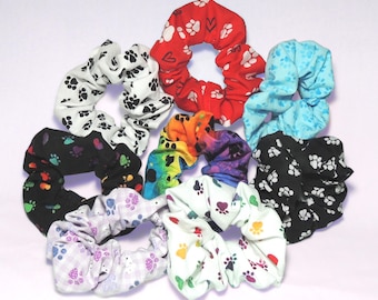 Paw Print Themed Handmade Hair Scrunchies for Dog and Cat Lovers • Choose Your Patterns!