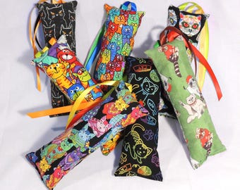 Small Catnip Kicker Toy with Ribbons • 7.5” to 8.5” long • Cat Themed Cotton Fabrics