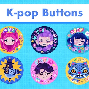 May include: Six colorful K-pop buttons with illustrations of stylized characters. Each button features a different character with unique hairstyles and expressions. The buttons are set against a light blue background, with the text "K-pop Buttons" at the top.