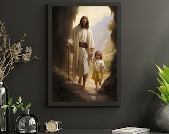 Jesús y el niño caminan Arte de la pared Jesús abraza a los hijos de Dios Arte de la pared Soy un hijo de Dios Imagen de Jesús con niños Pintura de Jesús