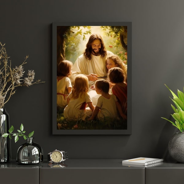 Jésus et les enfants Art mural Jésus câlin enfants de Dieu Art mural Je suis un enfant de Dieu Image de Jésus avec des enfants Jésus tenant une figurine de bébé