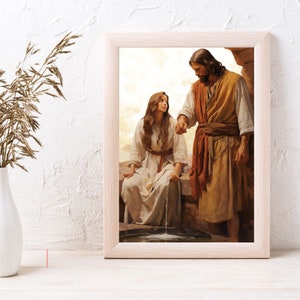 Arte de parede de Jesus e mulher samaritana no poço Jesus Cristo e mulher samaritana impressão para quarto Arte de parede de Jesus e senhora no poço