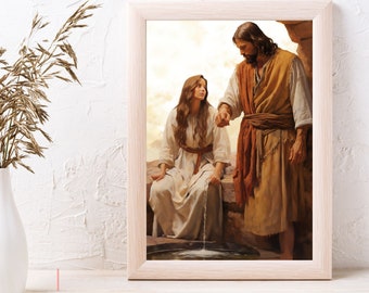 Jesús y la mujer samaritana en el arte de la pared del pozo Impresión de Jesucristo y la mujer samaritana para la habitación Jesús y la señora en el arte de la pared del pozo