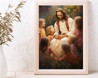 Jesús y los niños arte pared Jesús abraza a los niños de Dios arte de la pared Soy un hijo de Dios Imagen de Jesús con niños Pintura de Jesús me ama