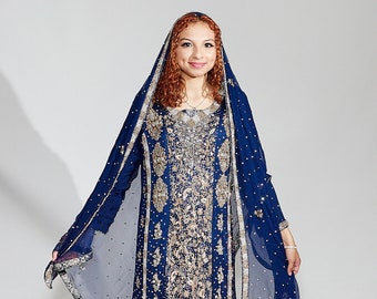 Sara hand embroidered sequin Navy Wedding Dress Pakistani