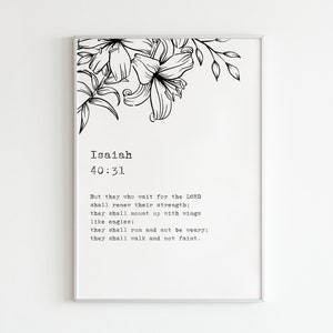 Jesaja 40:31 NIV &quot;Maar zij die op de Heer wachten, zullen hun kracht vernieuwen&quot; Digitale print / Bijbelvers muurkunst / Schriftcitaat afdrukken