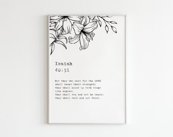 Jesaja 40:31 NIV "Maar zij die op de Heer wachten, zullen hun kracht vernieuwen" Digitale print / Bijbelvers muurkunst / Schriftcitaat afdrukken