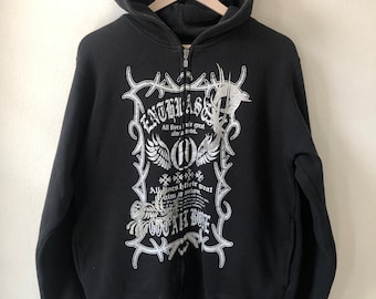 Zapatear Archive Chrome Hearts Inspired black zip-up hoodie featuring a distressed silver gothic graphic