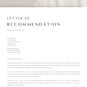 Plantilla de carta de recomendación Word & Pages, plantilla de carta de recomendación profesional para empleado, referencia de trabajo, carta de referencia de trabajo