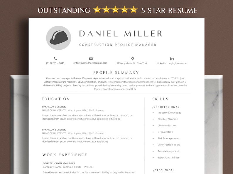 May include: A black and white resume template with a construction helmet icon. The resume is for Daniel Miller, Construction Project Manager. The resume includes contact information, a profile summary, education, work experience, and skills.