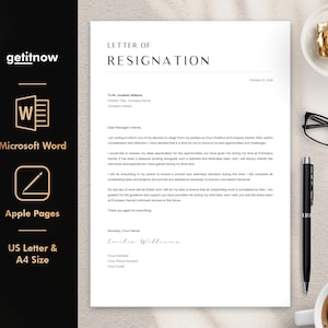 May include: A formal resignation letter template in a minimalist style. The letter is formatted for a standard US letter or A4 size paper. The text includes the date, the recipient's name and title, and a formal resignation message.
