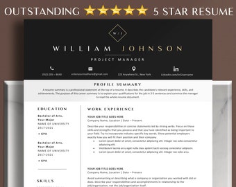 May include: A black and white resume template with gold accents. The resume is for a project manager named William Johnson. The resume includes contact information, a profile summary, education, work experience, and skills sections.