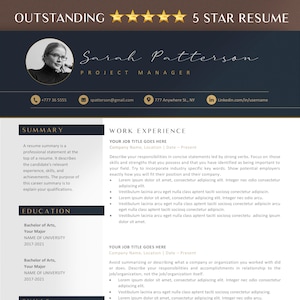 May include: A dark blue resume template with gold accents. The resume is for Sarah Patterson, Project Manager. It includes contact information, a summary, work experience, and education sections.