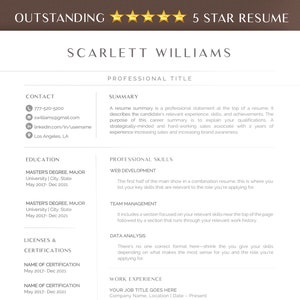 Puede incluir: Una plantilla de currículum en blanco y negro con el nombre Scarlett Williams en la parte superior. El currículum incluye información de contacto, educación, habilidades profesionales, licencias y certificaciones, y experiencia laboral.
