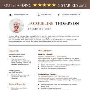 May include: A resume for Jacqueline Thompson, an Executive Chef. The resume highlights her experience as a Chef and Founder of Linnenste Organics and as a Sous Chef and Caterer for The Season's Tabletop. The resume also includes her education from Rosederry Culinary School and Ironhall University.