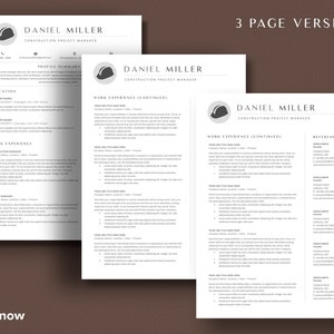 May include: A three-page resume template for a construction project manager named Daniel Miller. The resume includes sections for education, work experience, and references. The template features a gray and white color scheme with a construction helmet icon.