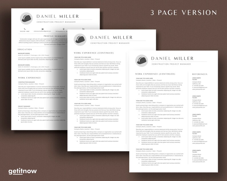 May include: A three-page resume template for a construction project manager named Daniel Miller. The resume includes sections for education, work experience, and references. The template features a gray and white color scheme with a construction helmet icon.