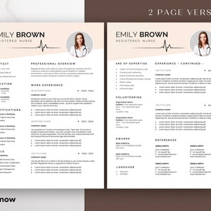 Op de afbeelding: Een cv-sjabloon van twee pagina's voor een geregistreerde verpleegkundige genaamd Emily Brown. Het cv bevat contactgegevens, opleiding, werkervaring, certificeringen, vaardigheden, expertisegebieden, vrijwilligerswerk, onderscheidingen, referenties en taalvaardigheden.