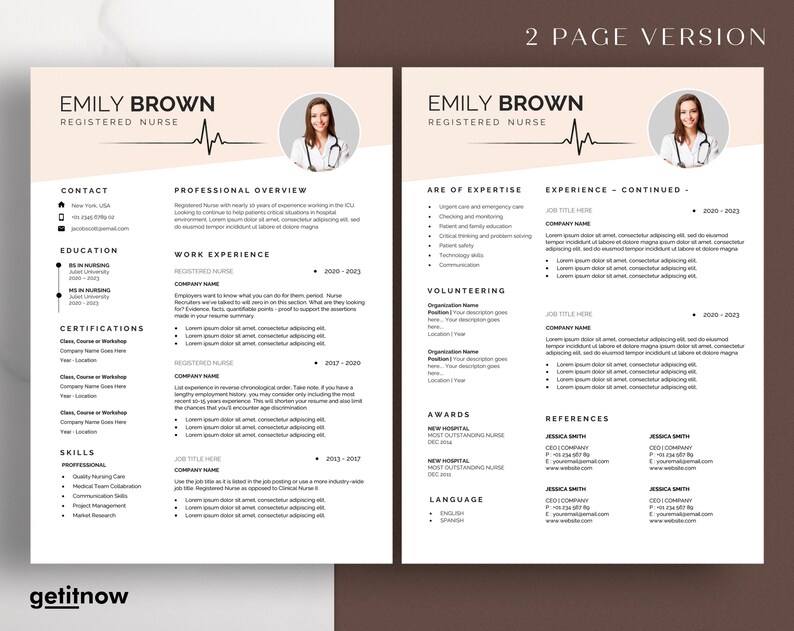 Op de afbeelding: Een cv-sjabloon van twee pagina's voor een geregistreerde verpleegkundige genaamd Emily Brown. Het cv bevat contactgegevens, opleiding, werkervaring, certificeringen, vaardigheden, expertisegebieden, vrijwilligerswerk, onderscheidingen, referenties en taalvaardigheden.