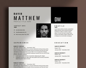 Puede incluir: Una plantilla de currículum vitae en blanco y negro con una foto de un hombre. El currículum incluye secciones de información de contacto, experiencia y educación. El texto del currículum está en una fuente sans-serif.