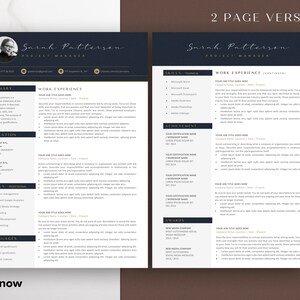May include: A two-page CV template with a black and gold colour scheme. The CV is for Sarah Patterson, Project Manager. The CV includes sections for summary, work experience, education, skills, languages, achievements, and awards.