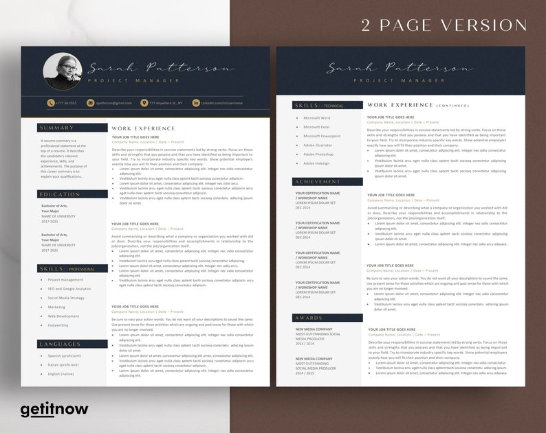May include: A two-page CV template with a black and gold colour scheme. The CV is for Sarah Patterson, Project Manager. The CV includes sections for summary, work experience, education, skills, languages, achievements, and awards.