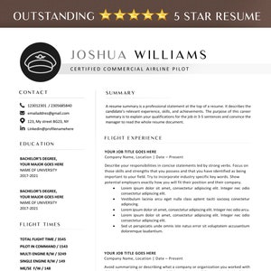 Może przedstawiać: Czarno-biały szablon CV z tytułem "Outstanding 5 Star Resume". CV jest dla Joshuy Williamsa, certyfikowanego pilota linii lotniczych. CV zawiera dane kontaktowe, wykształcenie, doświadczenie w lotnictwie i czasy lotów.