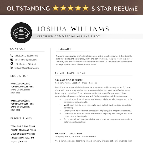 Airline Pilot Resume Template Word, Professional Commercial Pilot Cv Template, Resume format for Aviation,Certified Flight Instructor Resume