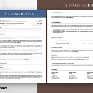 May include: A two-page resume template with a blue header and a white background. The resume is for Alexander James and includes sections for objective, skills summary, employment history, accomplishments, computer software, additional training, education, volunteer work & community involvement, and references.