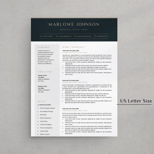 May include: A professional resume template with a dark blue header and footer. The resume includes sections for summary, education, work experience, and skills. The text "US Letter Size" is visible in the lower right corner.