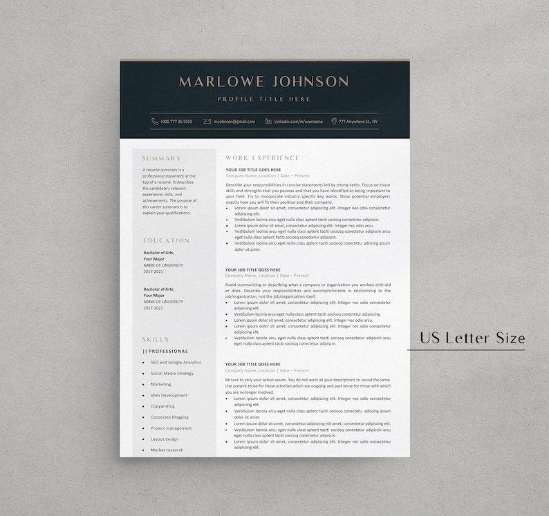 May include: A professional resume template with a dark blue header and footer. The resume includes sections for summary, education, work experience, and skills. The text "US Letter Size" is visible in the lower right corner.