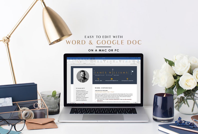 May include: A laptop computer displaying a resume template on the screen. The resume is for James Williams and includes a profile picture, summary, and work experience sections. The text "EASY TO EDIT WITH WORD & GOOGLE DOC ON A MAC OR PC" is displayed above the laptop.