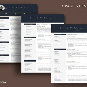 May include: A three-page CV template with a dark blue header and white text. The CV is for Sarah Patterson, Project Manager. The template includes sections for summary, work experience, education, skills, languages, achievements, awards, volunteer, and references.
