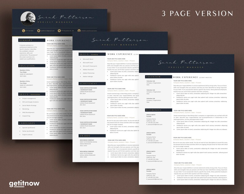 May include: A three-page CV template with a dark blue header and white text. The CV is for Sarah Patterson, Project Manager. The template includes sections for summary, work experience, education, skills, languages, achievements, awards, volunteer, and references.