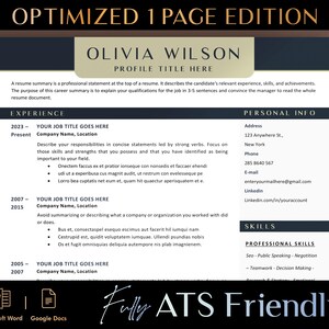 May include: A resume template with a black and gold color scheme. The template is optimized for Applicant Tracking Systems (ATS) and includes sections for experience, skills, and personal information. The text "Fully ATS Friendly" is written in a cursive font at the bottom of the page.