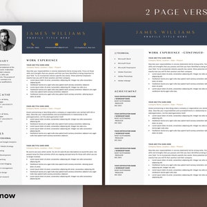 May include: A two-page resume template with a dark blue and gold color scheme. The resume includes a professional headshot, contact information, a summary of qualifications, work experience, education, and skills. The resume is formatted with headings and bullet points.