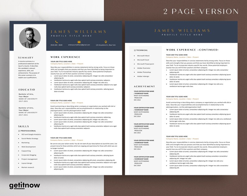 May include: A two-page resume template with a dark blue and gold color scheme. The resume includes a professional headshot, contact information, a summary of qualifications, work experience, education, and skills. The resume is formatted with headings and bullet points.