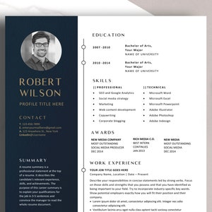 May include: A blue and gold resume template with a professional headshot, contact information, skills, awards, and work experience sections. The template is designed to help job seekers create a visually appealing and informative resume.