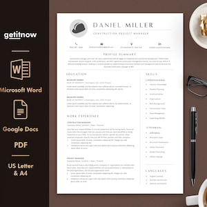 May include: A black and white resume template with a gold construction helmet icon at the top. The resume is for Daniel Miller, Construction Project Manager. The resume includes sections for profile summary, education, work experience, skills, and languages.