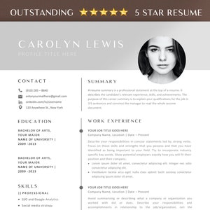 Puede incluir: Una plantilla de currículum en blanco y negro con una foto profesional de una mujer. El currículum incluye secciones para información de contacto, educación, habilidades, resumen y experiencia laboral. El texto del currículum está en una fuente simple y moderna.