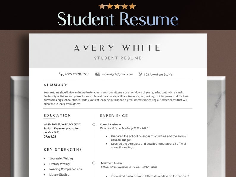 May include: A student resume for Avery White. The resume includes contact information, a summary of qualifications, education, and work experience. The resume highlights Avery's experience as a Council Assistant and Mailroom Intern.