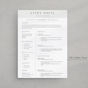 May include: A black and white resume template with the name Avery White at the top. The resume includes sections for summary, education, key strengths, skills, languages, awards, and volunteer work. The resume is formatted in a professional and modern style.