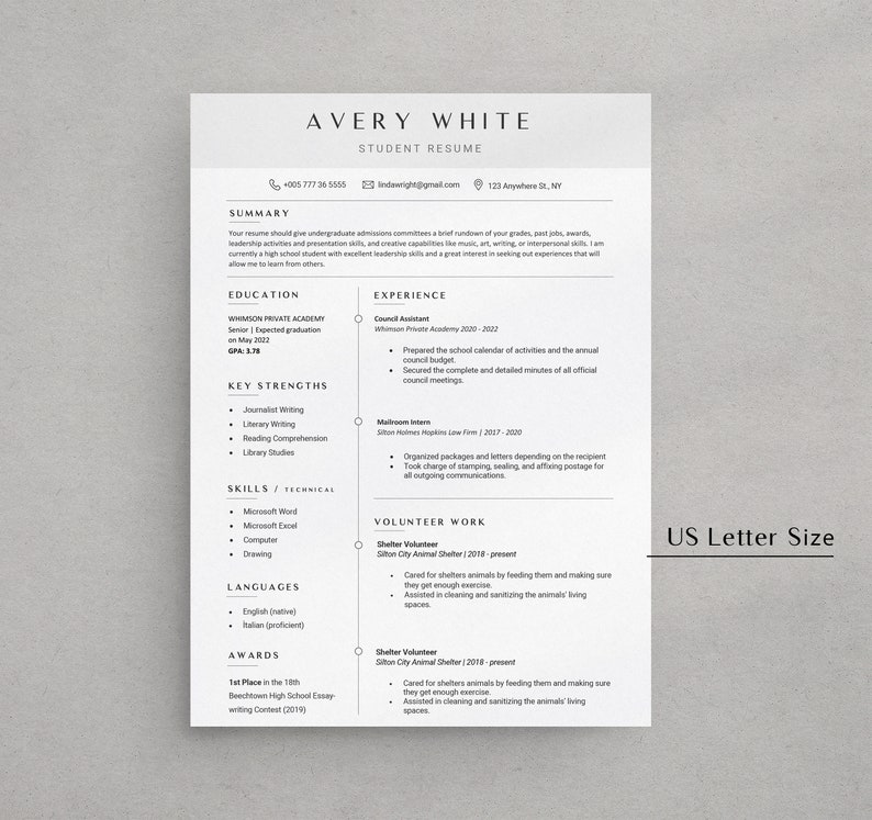 May include: A black and white resume template with the name Avery White at the top. The resume includes sections for summary, education, key strengths, skills, languages, awards, and volunteer work. The resume is formatted in a professional and modern style.