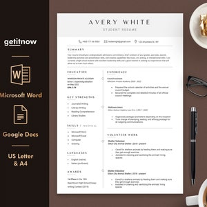 May include: A black and white resume template with the name Avery White at the top. The resume includes sections for summary, education, experience, key strengths, skills, languages, and awards. The resume is formatted in a modern and professional style.