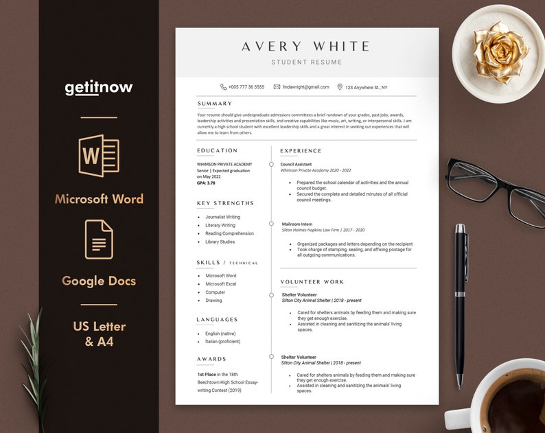 May include: A black and white resume template with the name Avery White at the top. The resume includes sections for summary, education, experience, key strengths, skills, languages, and awards. The resume is formatted in a modern and professional style.