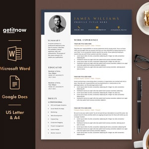 May include: A black and white resume template with gold accents. The resume is for James Williams, and includes a summary, work experience, education, and skills sections.